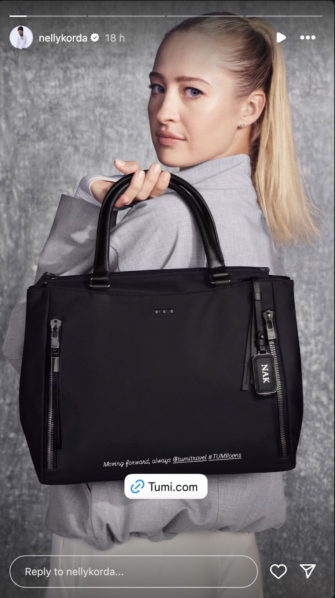 Nelly Korda poses with a bag from TUMI&#039;s latest collection (Image via Instagram @nellykorda)