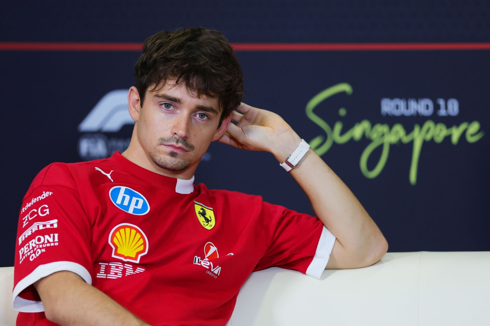 Charles Leclerc during the drivers press conference ahead of the Singapore Grand Prix - Source: Getty