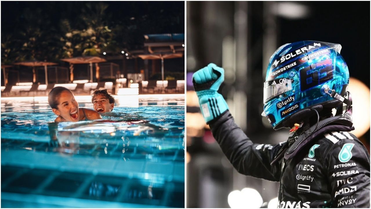 Fans react to George Russell celebrating his pole position with his girlfriend (Images from @GeorgeRussell63 on X and Getty Images)