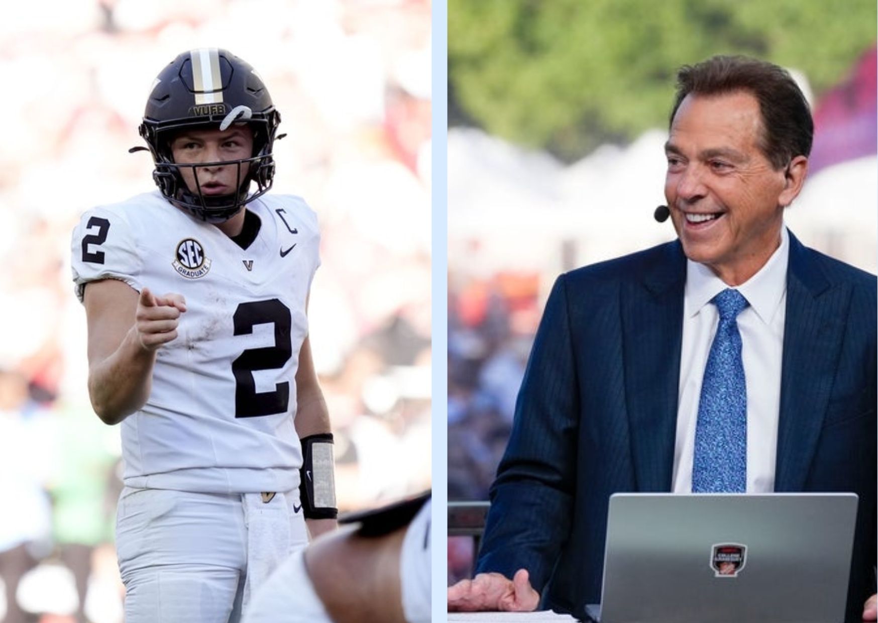 Vanderbilt quarterback Diego Pavia and former coach Nick Saban