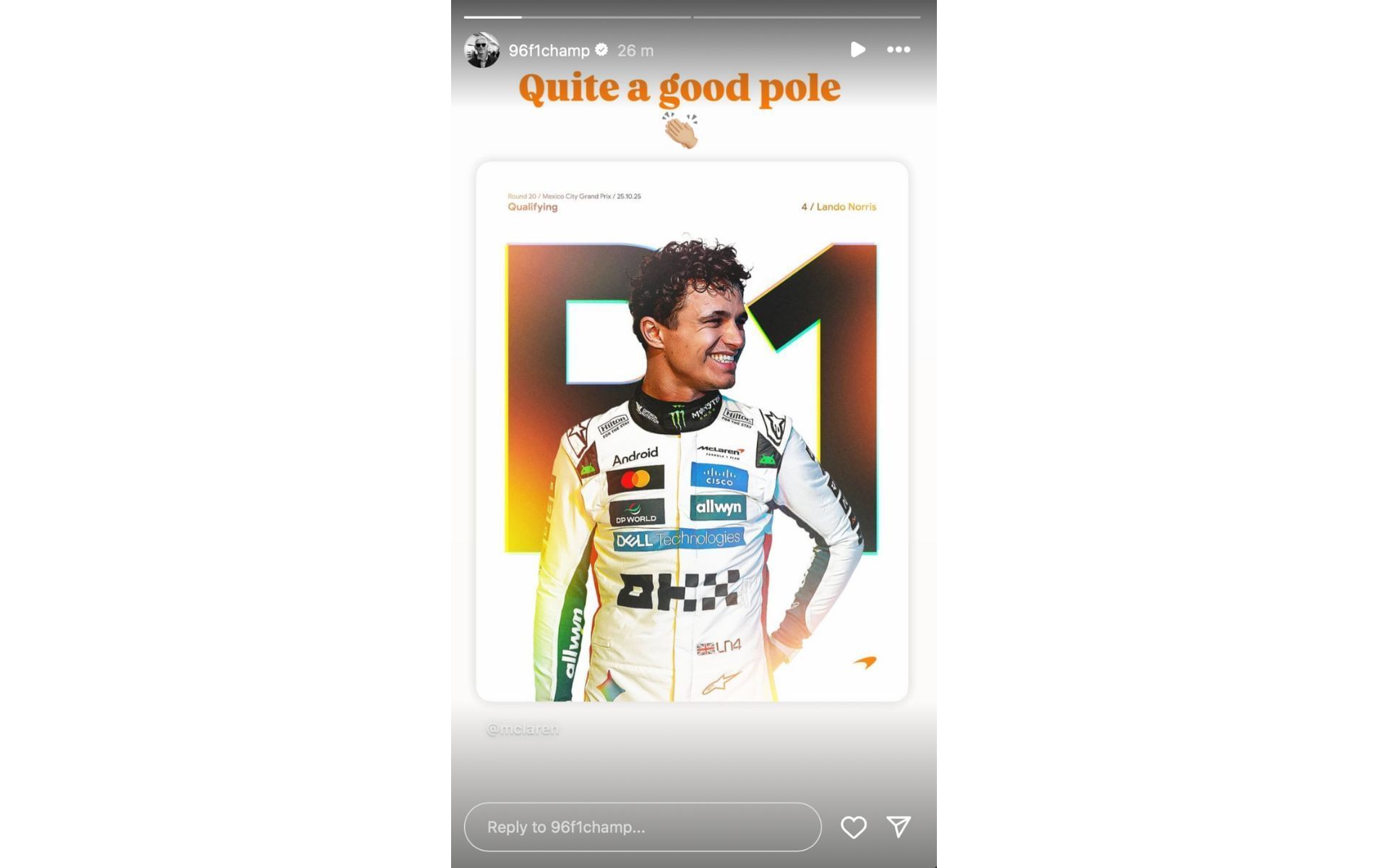 Damon Hill reacting to Lando Norris scoring the pole position for the 2025 Mexican GP | Source: Instagram/@96f1champ