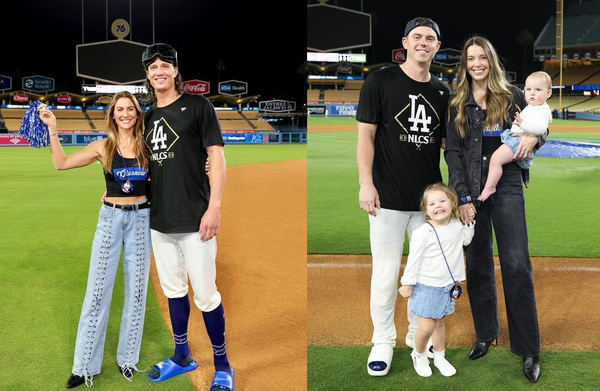 Tyler Glasnow with his fianc&eacute;e, Meghan, and Will Smith with his family.(@injector_meghan/@caramartinellsmith/Instagram)