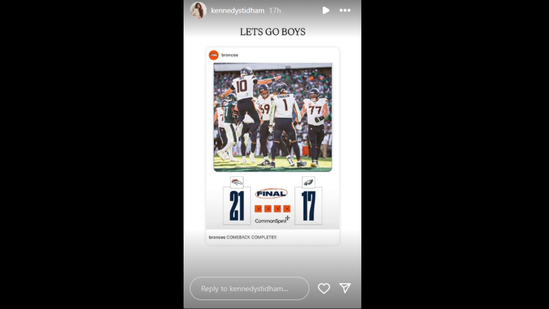Kennedy Stidham celebrated the Denver Broncos win over the Philadelphia Eagles. (Photo via Kennedy Stidham&#039;s Instagram Story)