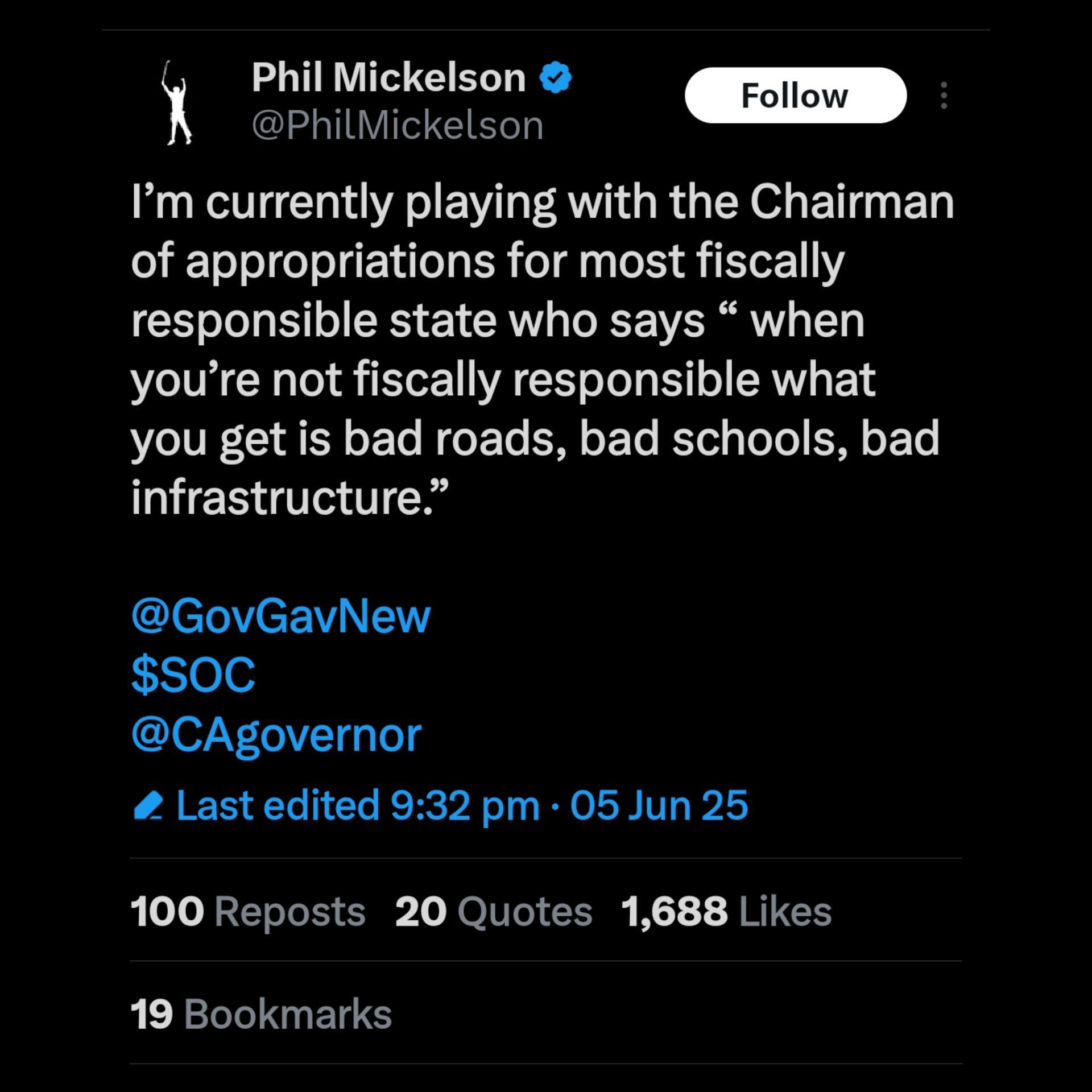 Screenshot from Mickelson&#039;s jibe at the California Governor / X: @PhilMickelson