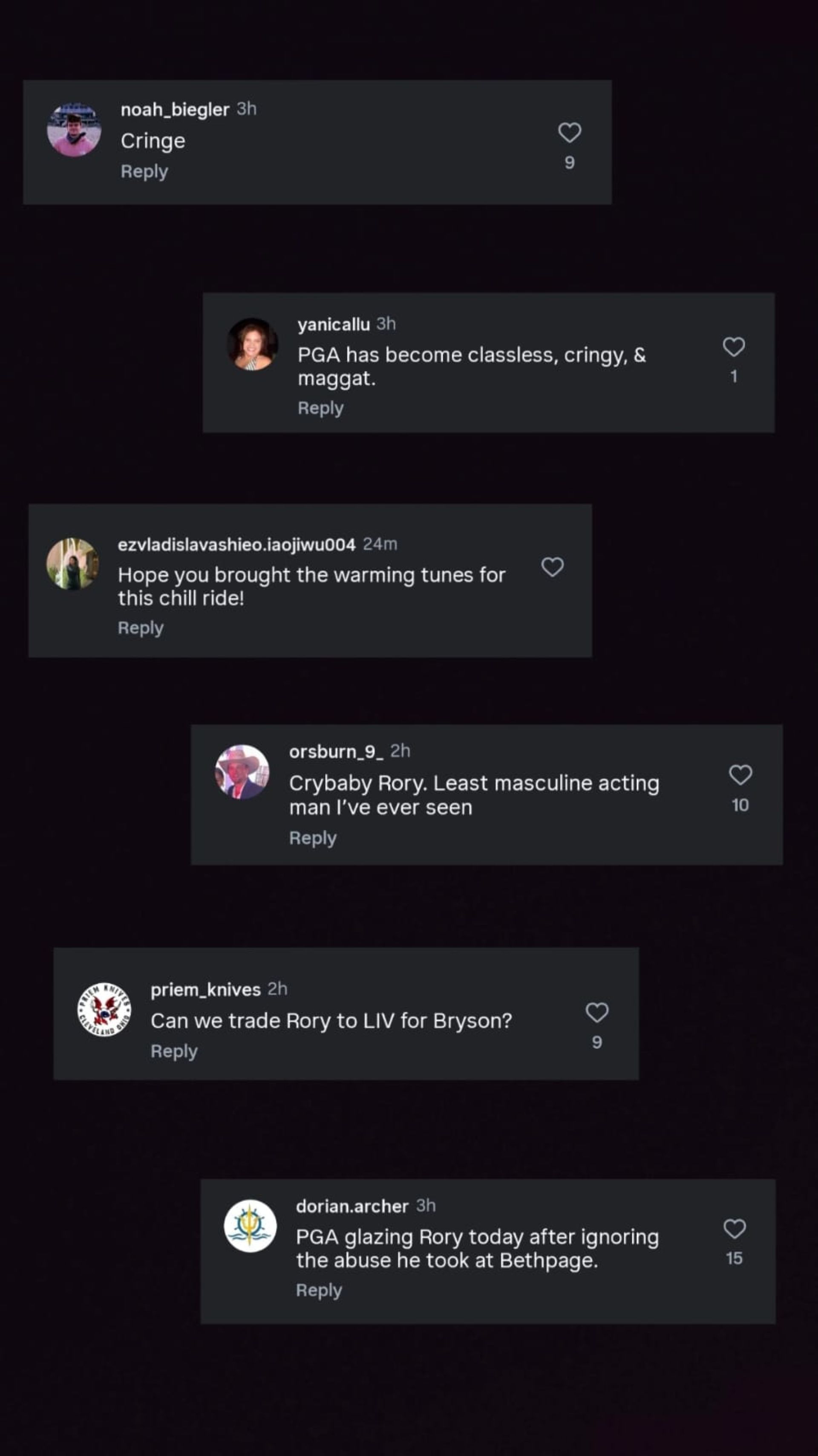 Screenshot of Fan Reactions from the PGA Tour&#039;s post on Instagram (via Instagram)
