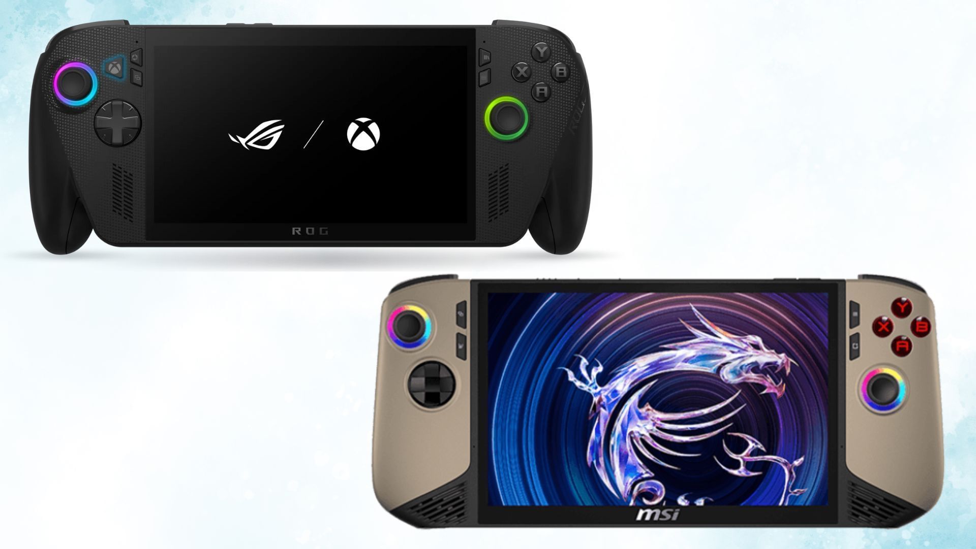The ROG Xbox Ally X vs MSI Claw 8 AI+ comparison (Image via Asus, MSI)