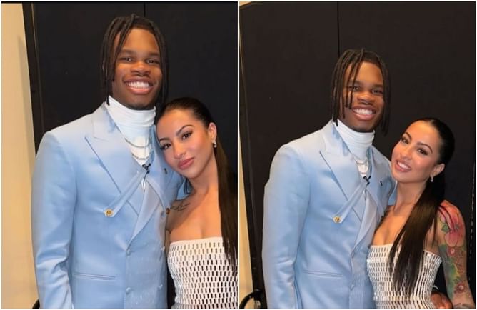 Travis Hunter’s wife Leanna poses in all-black gymwear for family photo with Jaguars WR and 2-month-old son
