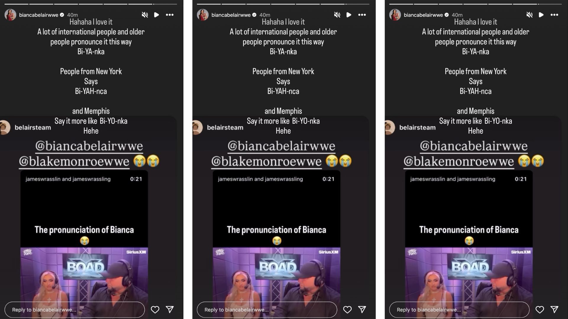Belair reacted to Monroe botching her name. [Image credit: Bianca Belair on Instagram]