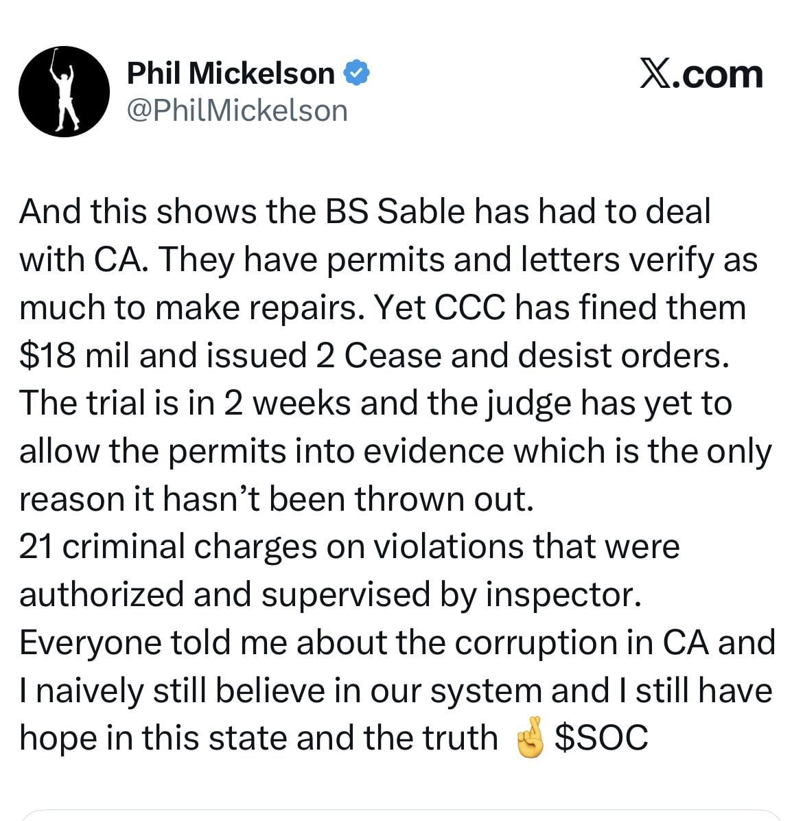 Mickelson&rsquo;s tweet on X _ Source: X/@PhilMickelson