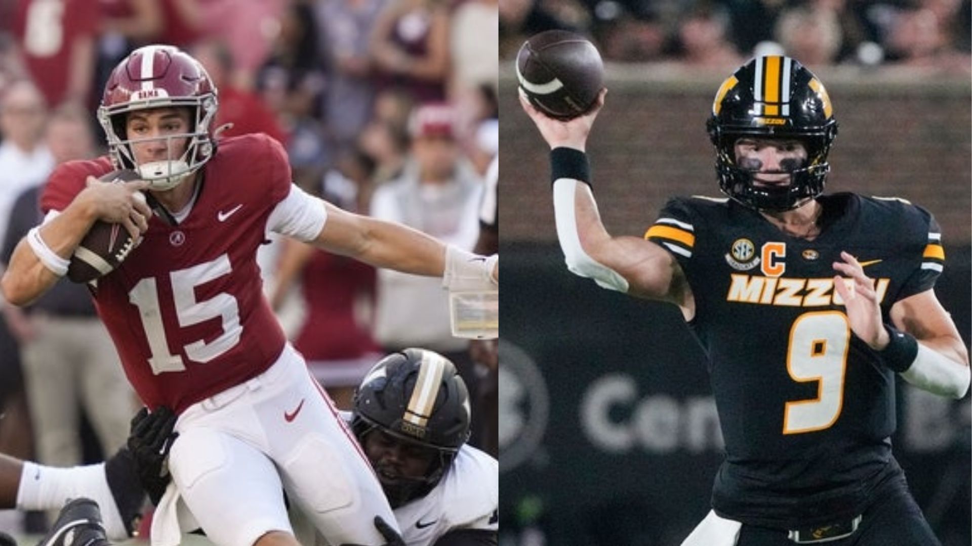 Alabama quarterback Ty Simpson (left) and Missouri QB Beau Pribula (right) will try to lead their teams to victory in a much-anticipated clash between SEC teams on Saturday. (Image Source: IMAGN)