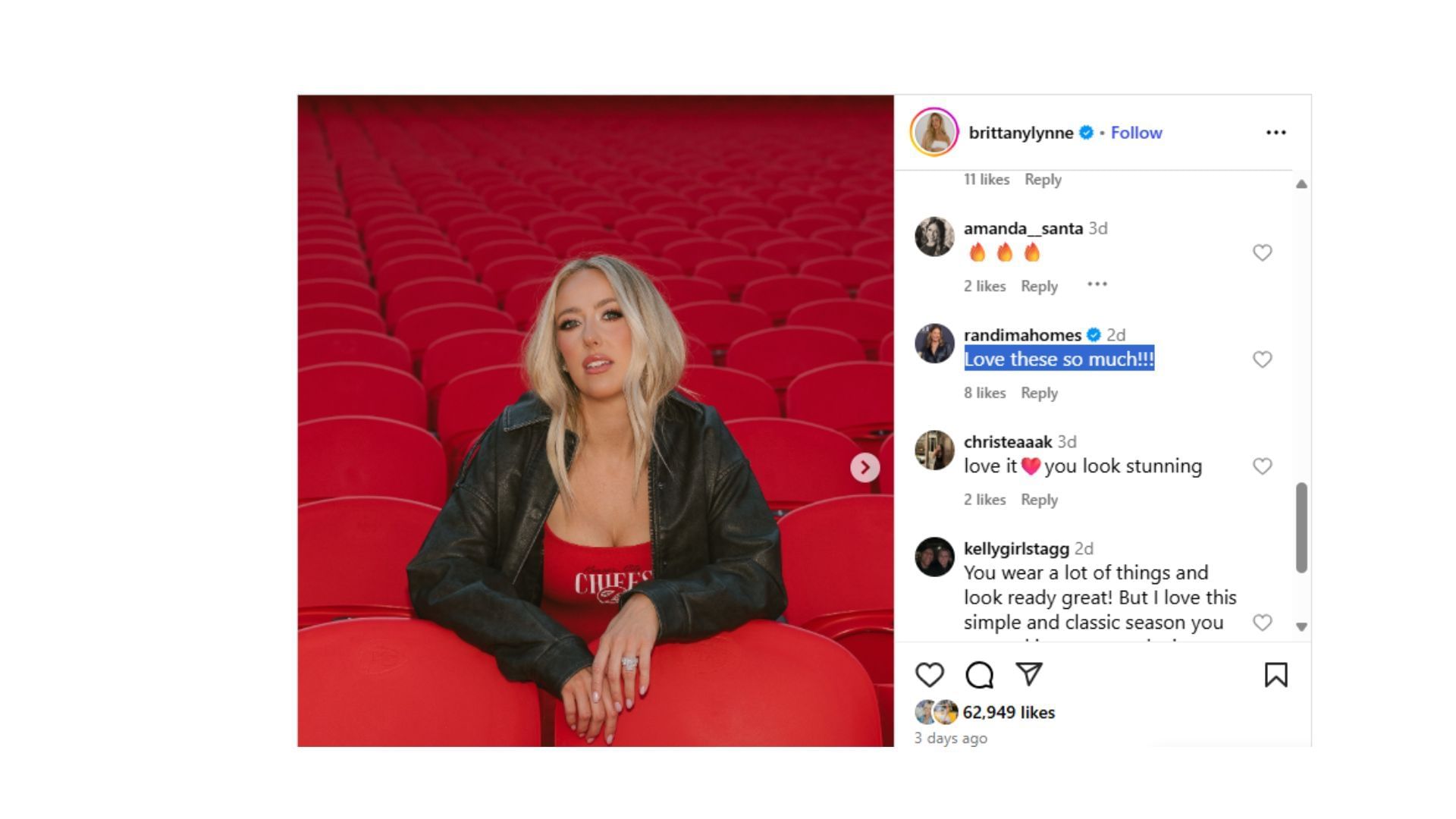 Randi Mahomes shared her thoughts on Brittany Mahomes&#039; Instagram post. (Comment via Brittany Mahomes&#039; Instagram)