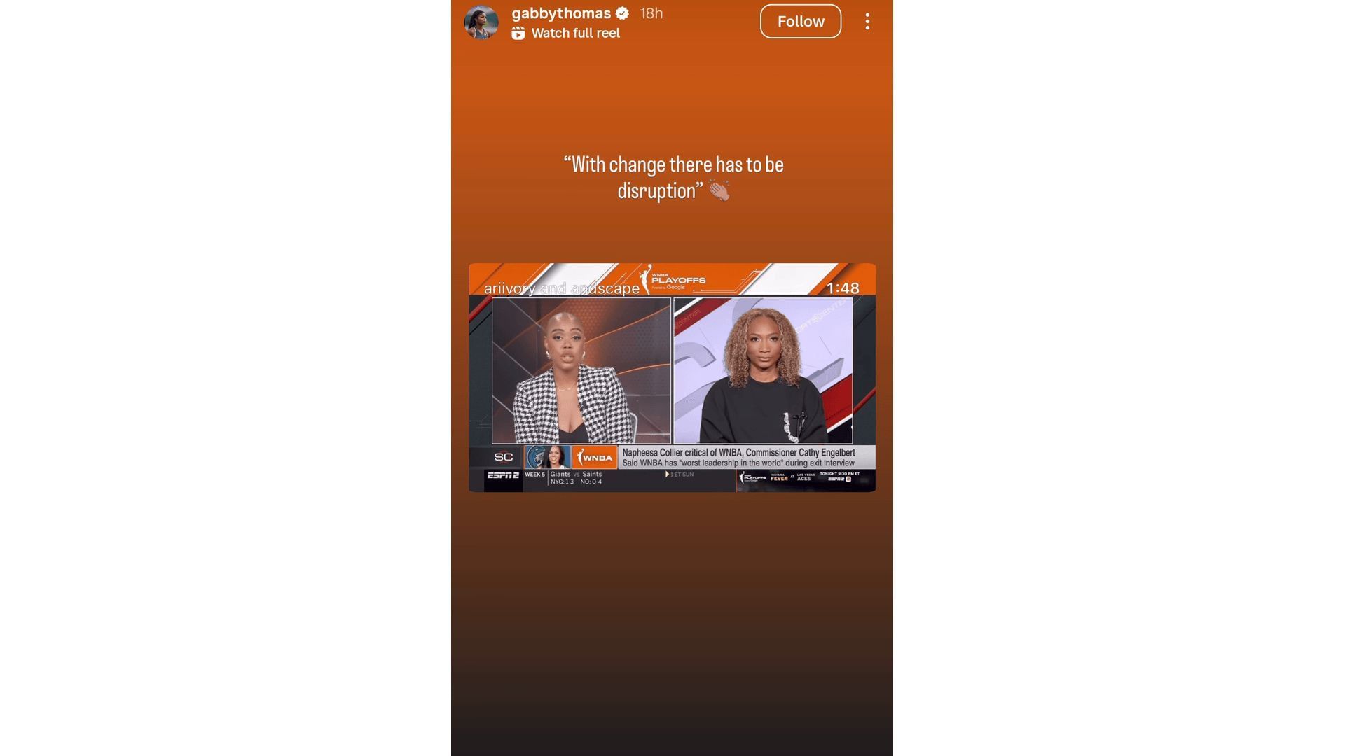 Screenshot of Thomas&#039; story (Image via: @gabbythomas on IG)