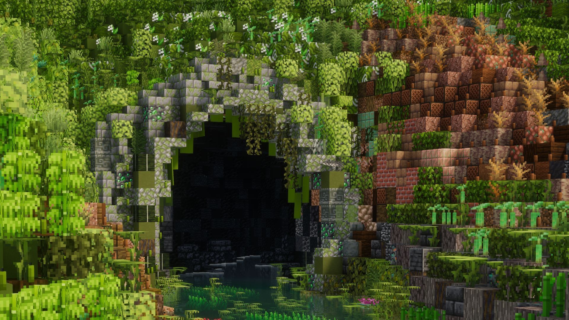 A Minecraft player made a cozy, mossy waterway