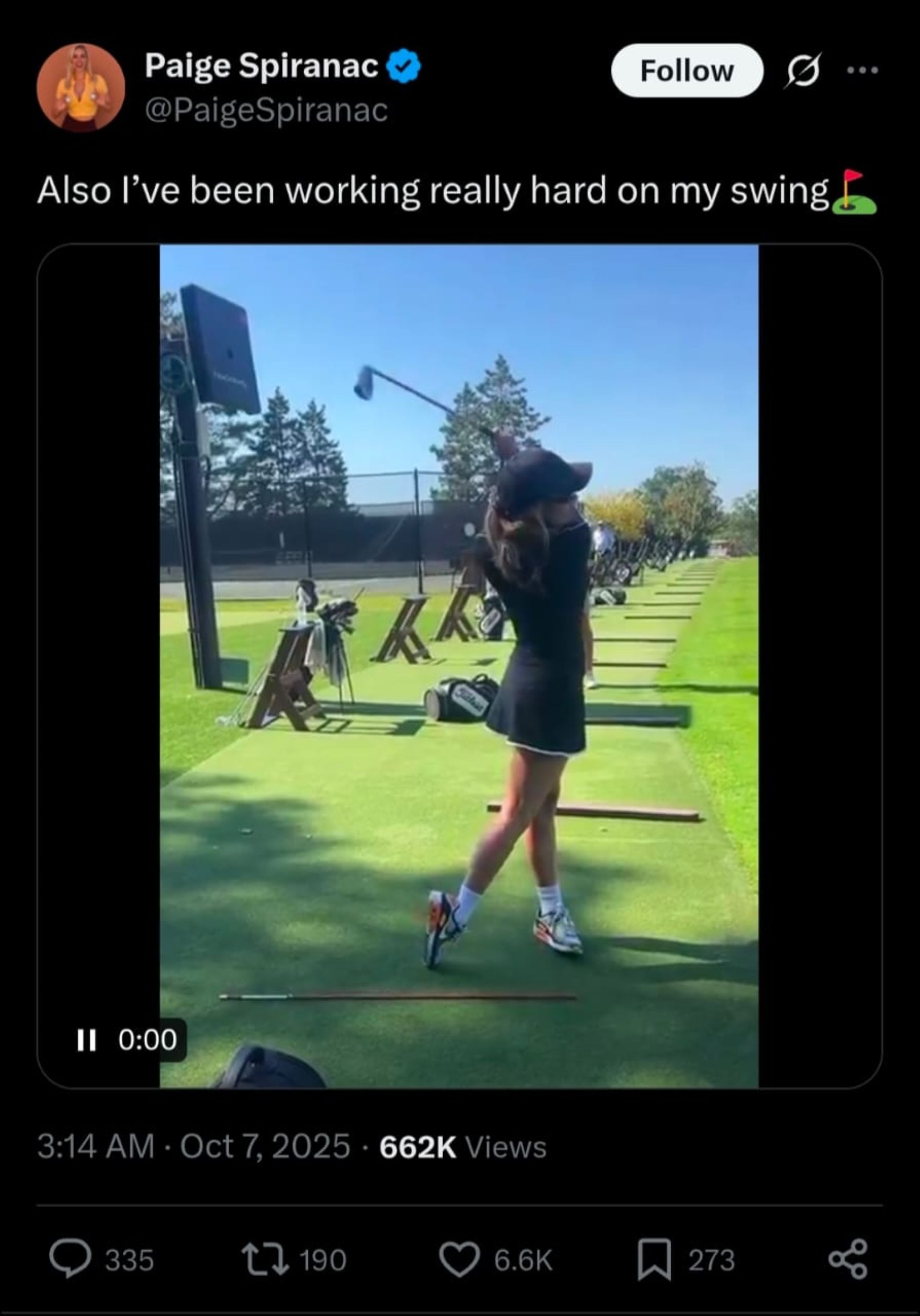 A still taken from Paige Spiranac&#039;s X Post (via @PaigeSpiranac)