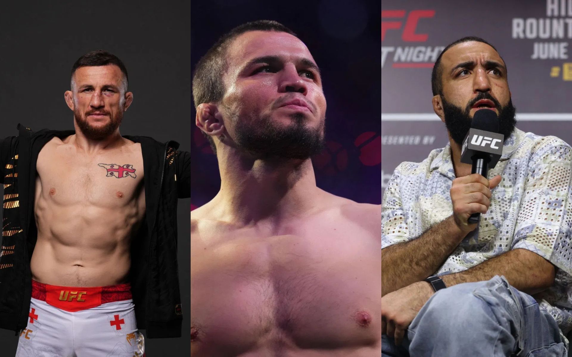 Belal Muhammad (right) talks about a potential rematch between Merab Dvalishvili (left) and Umar Nurmagomedov (center). [Images courtesy: Getty]