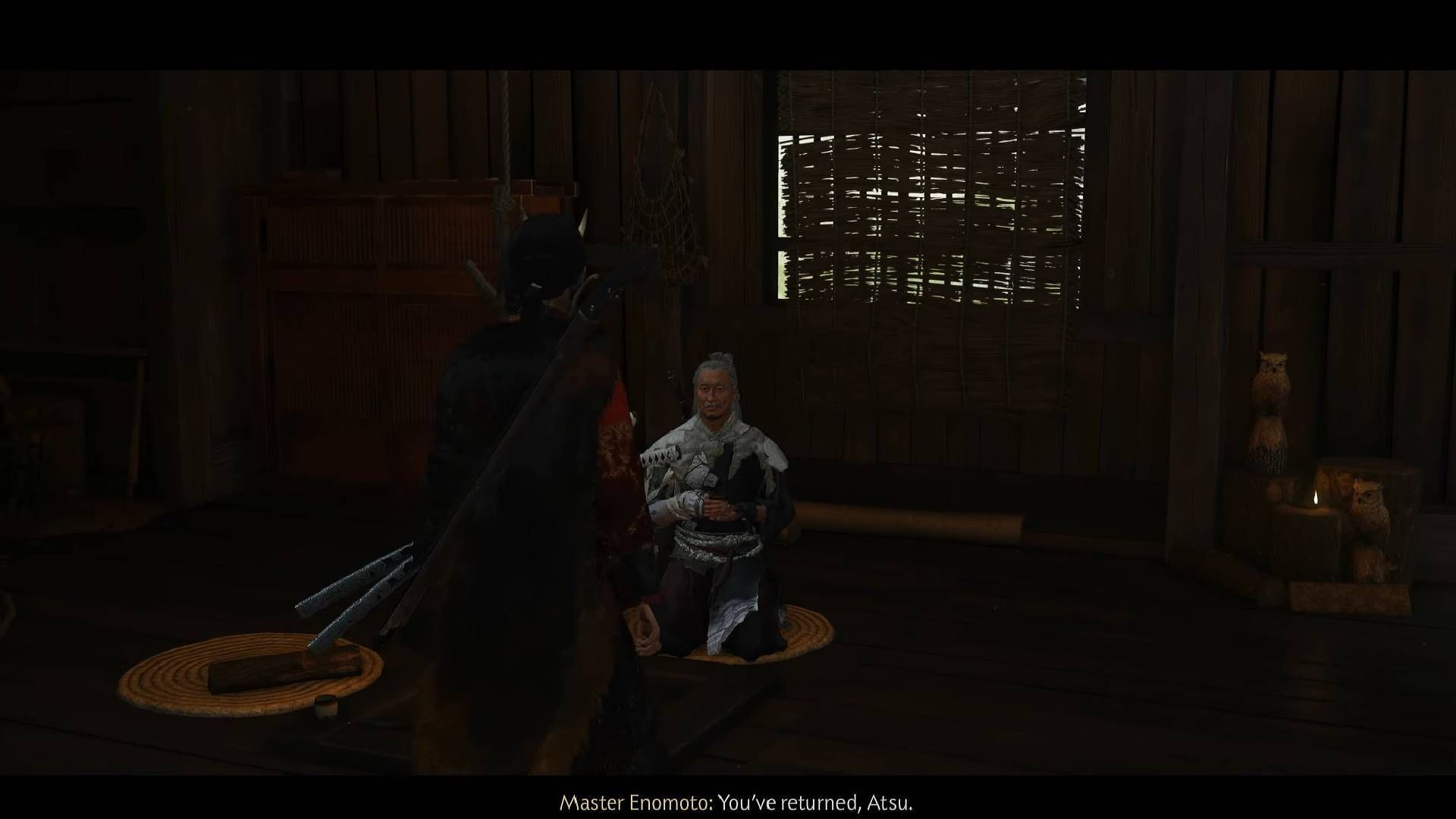 Speak with Master Enomoto to start the Kusarigama&rsquo;s Shame side quest (Image via Sucker Punch Productions || YouTube@WoW Quests)
