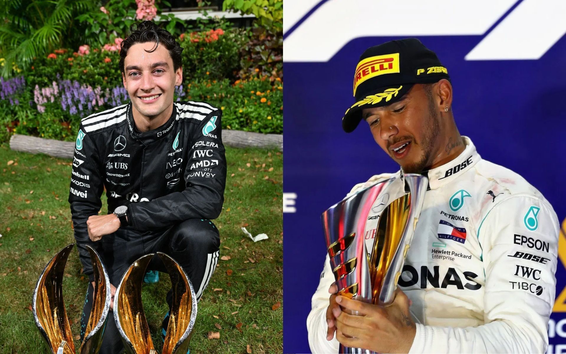 George Russell (L) and Lewis Hamilton (R)