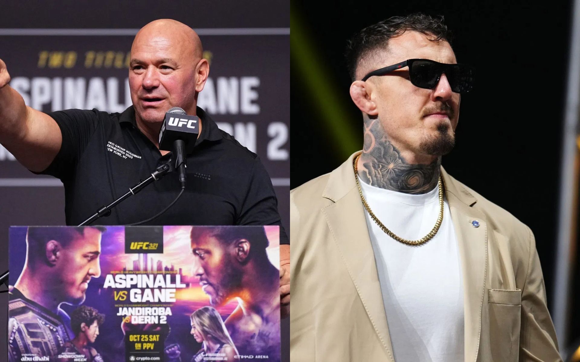 Tom Aspinall&rsquo;s (right) father blasts Dana White (left). [Images courtesy: Getty]