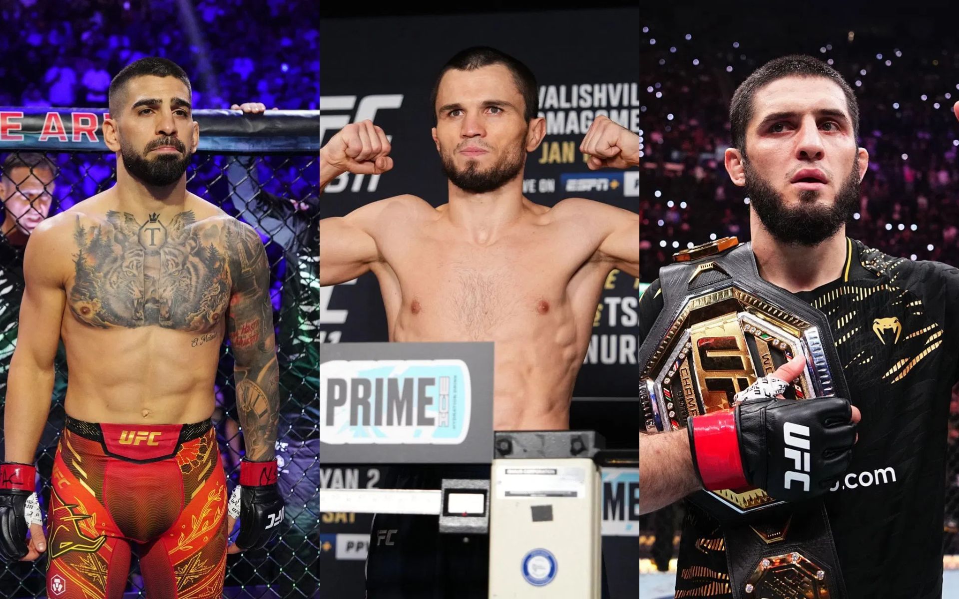 Umar Nurmagomedov (center) bashes Ilia Topuria (left) for mocking Islam Makhachev (right). [Images courtesy: Getty]