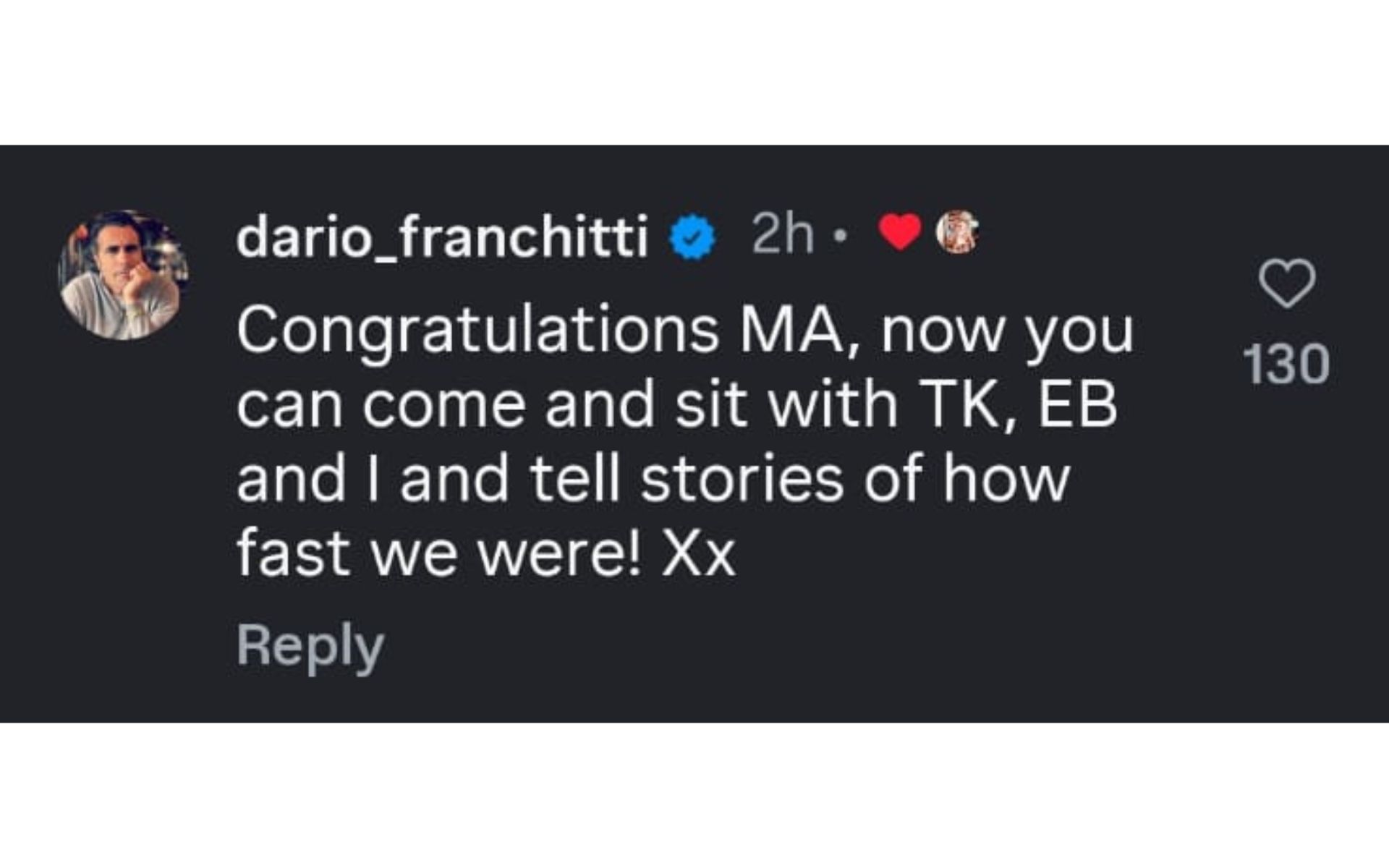Dario Franchitti&#039;s comment on Andretti&#039;s Instagram post | Source: Instagram
