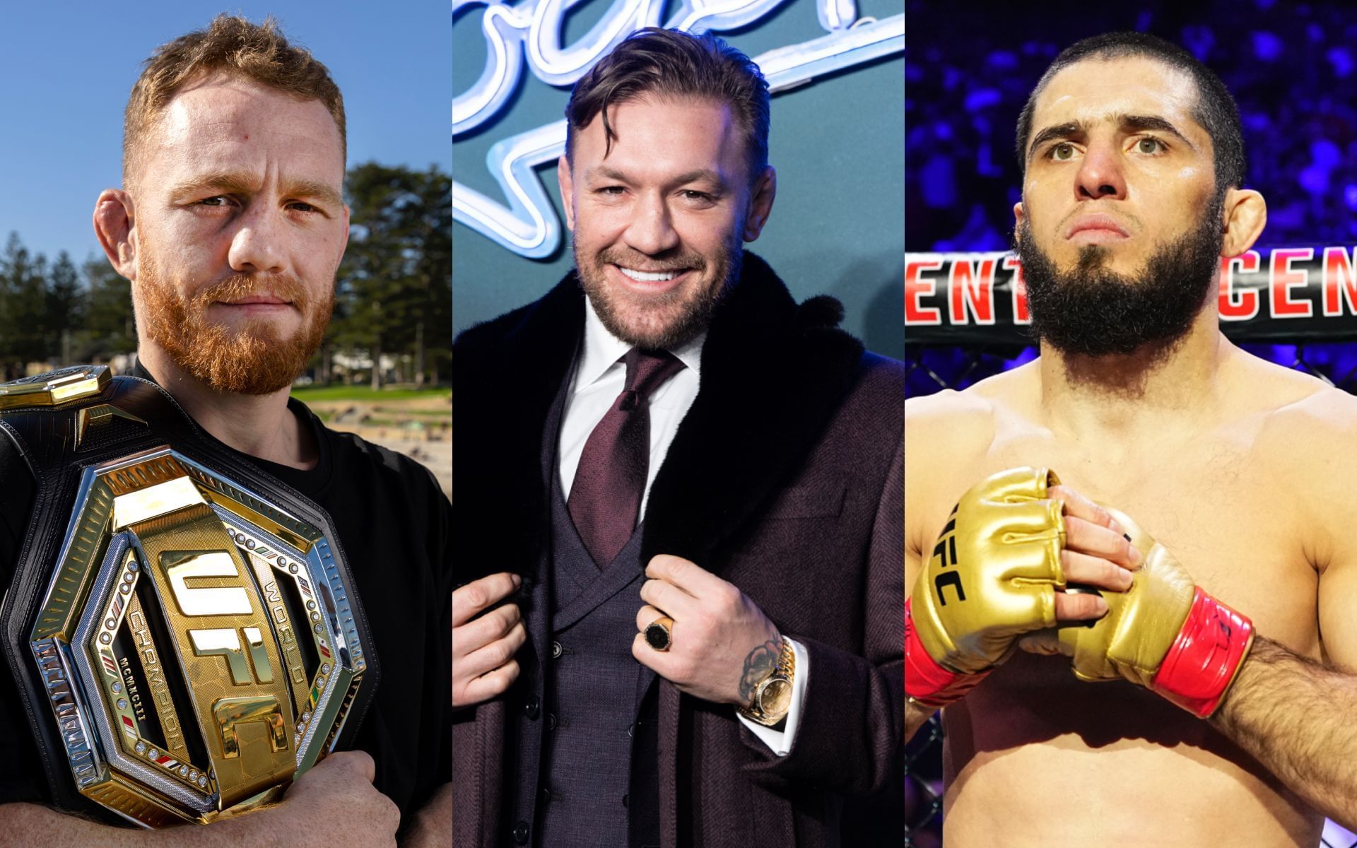 Conor McGregor (middle) gives Jack Della Maddalena (left) advice for Islam Makhachev (right) fight. [Images courtesy: Getty Images]