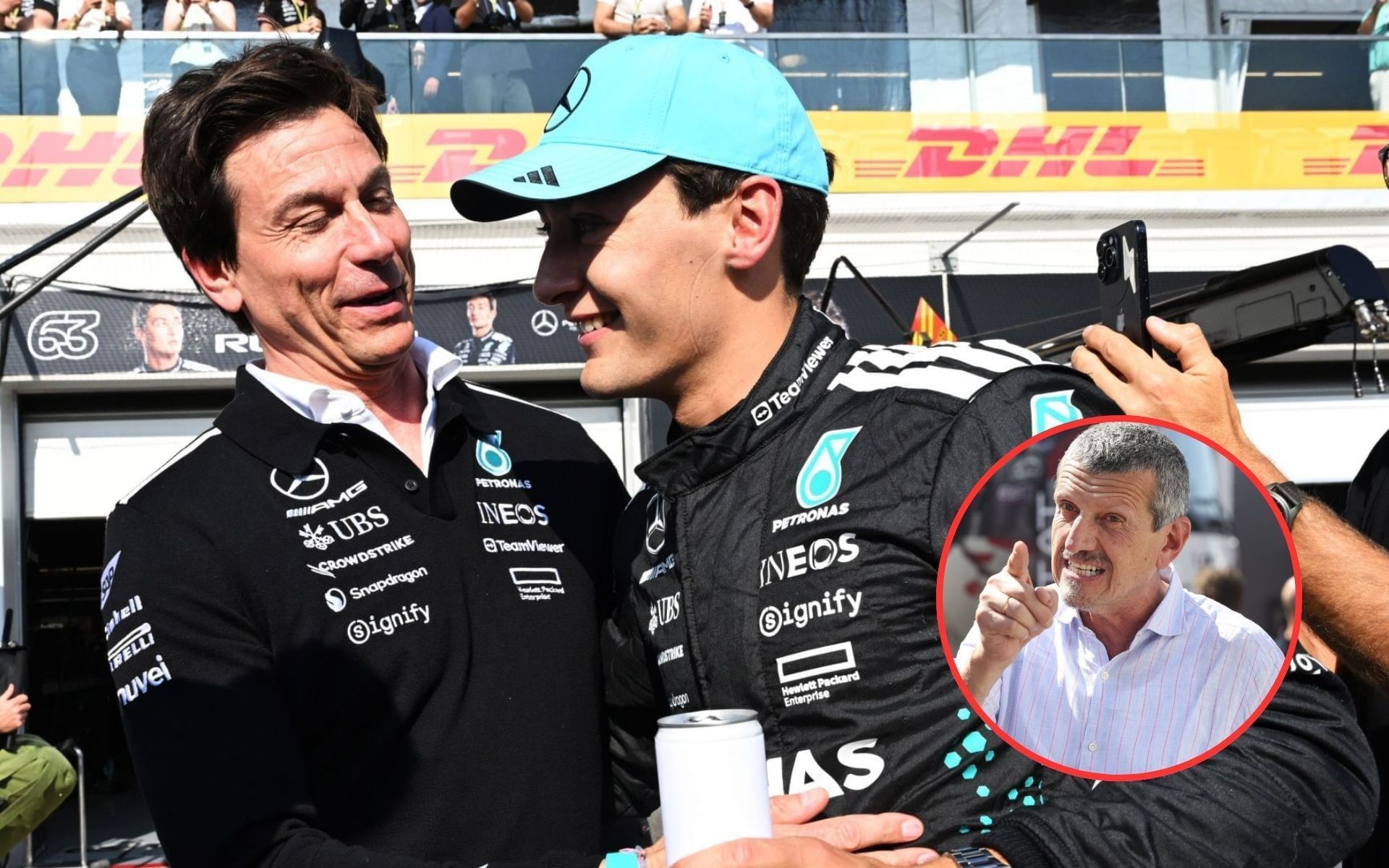 Toto Wolff, George Russell, and Guenther Steiner