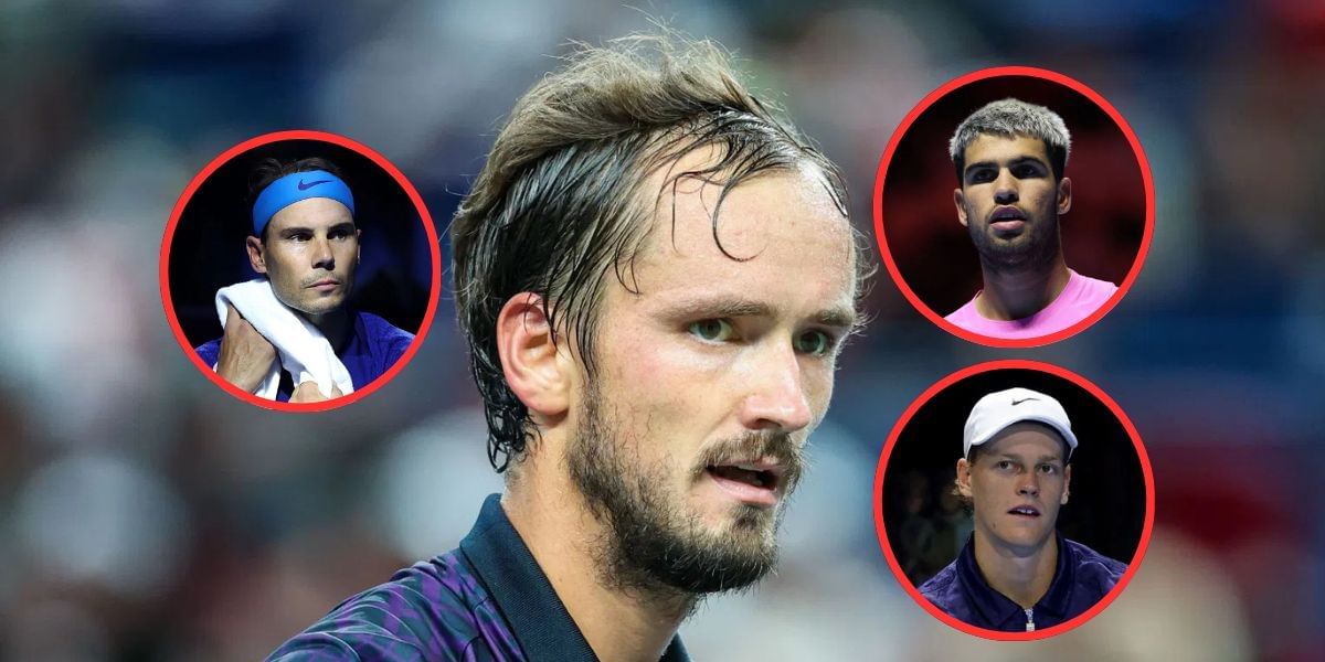 Daniil Medvedev (background), Rafael Nadal (left inset), Carlos Alcaraz (top right inset), Jannik Sinner (bottom right inset), Sources: Getty