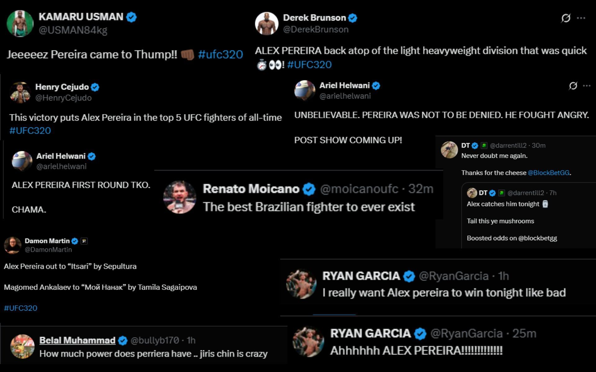 Fighters react to Alex Pereira&#039;s win against Magomed Ankalaev. [Screenshots courtesy: Fighter accounts on X]