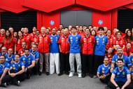 (L-R) Ferrari CEO, Benedetto Vigna, Lewis Hamilton, Team Principal Frederic Vasseur, Charles Leclerc at Monza. Source: Getty