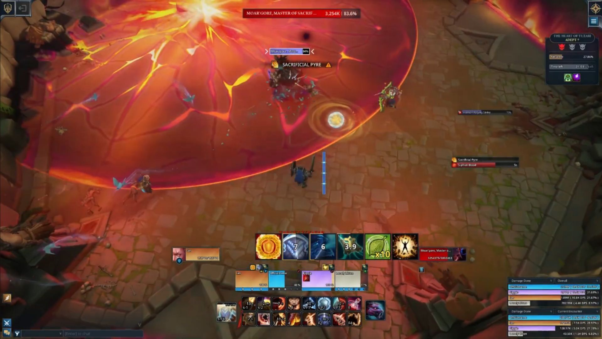 For this Fellowship boss, if you have stacks of the debuff, run into the fire and run out before the explosion (Image via Arc Games/YouTube@zoly421)