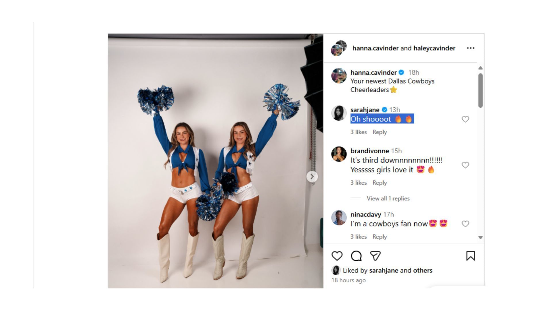 Sarah jane Ramos commented on the Cavinder&#039;s Halloween costume. (Comments via Hanna Cavinder&#039;s Instagram post)