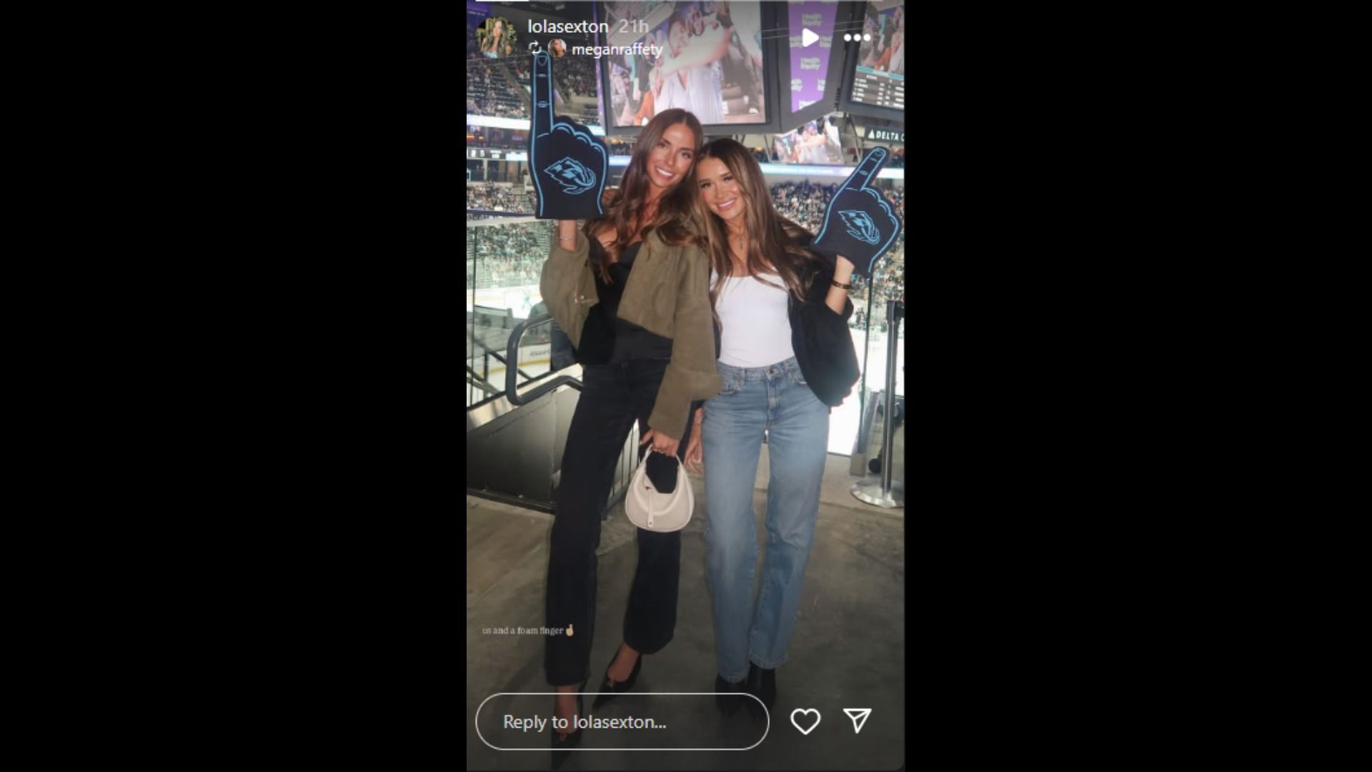 Lola Sexton and a friend showing off their foam fingers while cheering on the Utah Mammoth. (Photo reshared on Lola Sexton&#039;s Instagram Story)