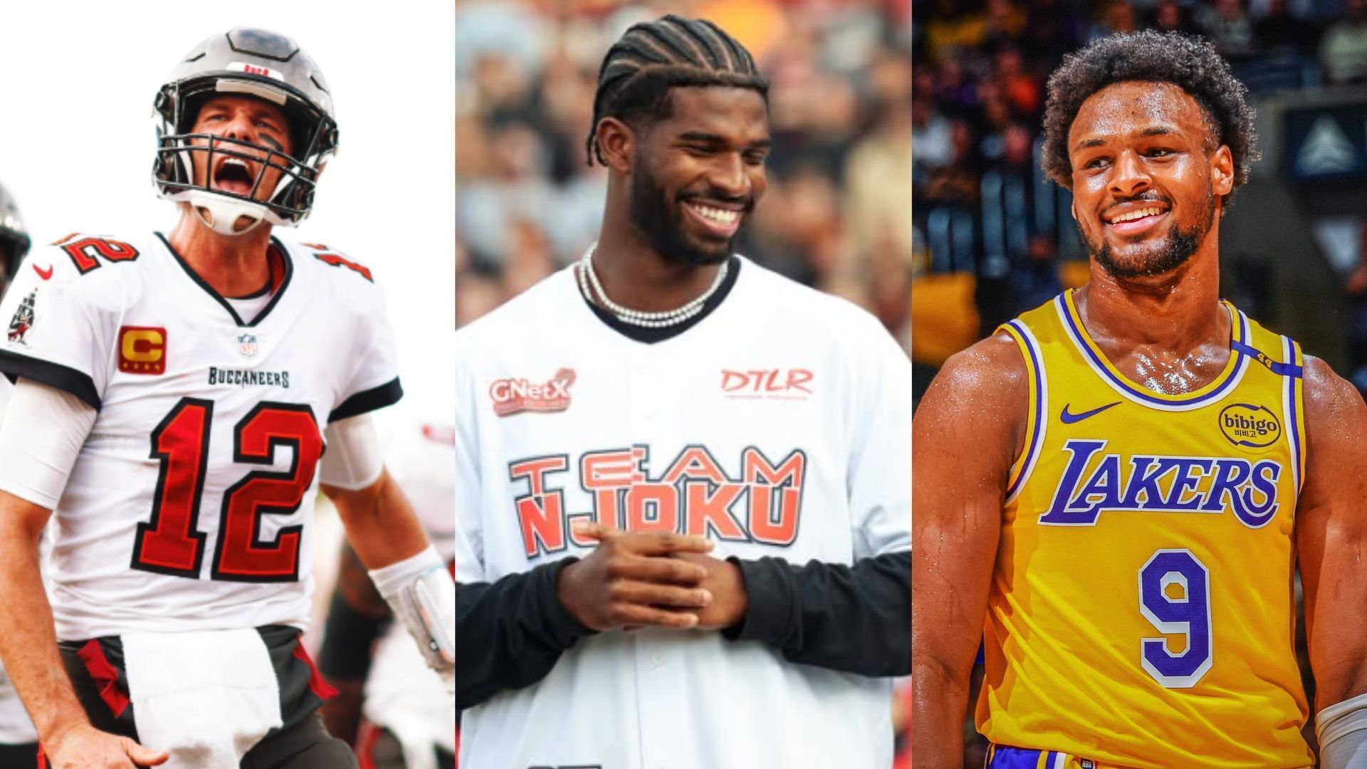 An image of Tom Brady, Shedeur Sanders, and Bronny James