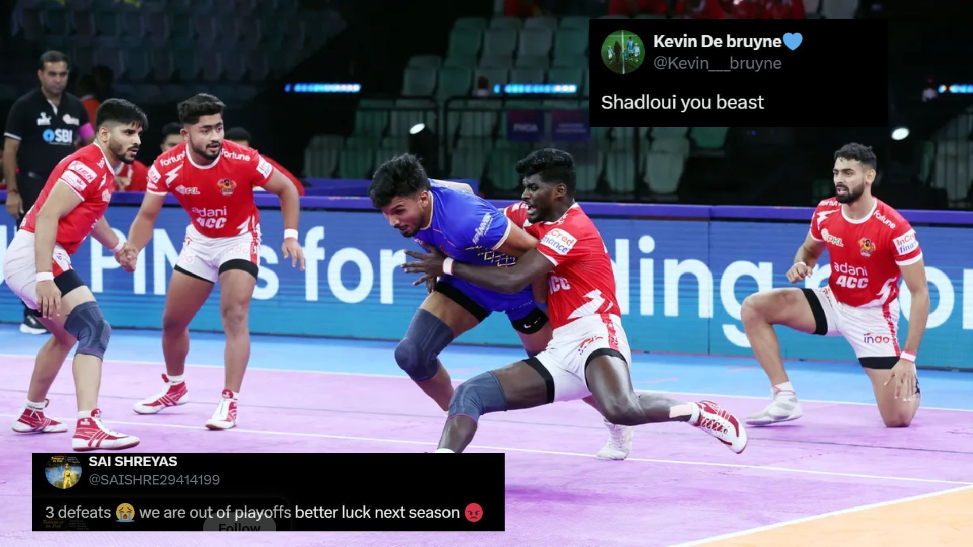 Gujarat Giants beat Tamil Thalaivas (Image Credits: PKL &amp; @Kevin___bruyne,@SAISHRE29414199/X)