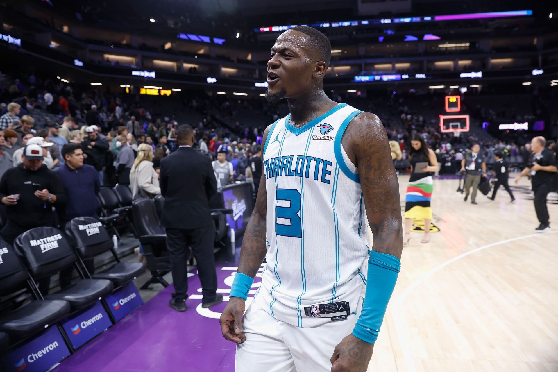 Terry Rozier #3 of the Charlotte Hornets reacts after a win against the Sacramento Kings at Golden 1 Center on January 02, 2024 in Sacramento, California.  - Source: Getty