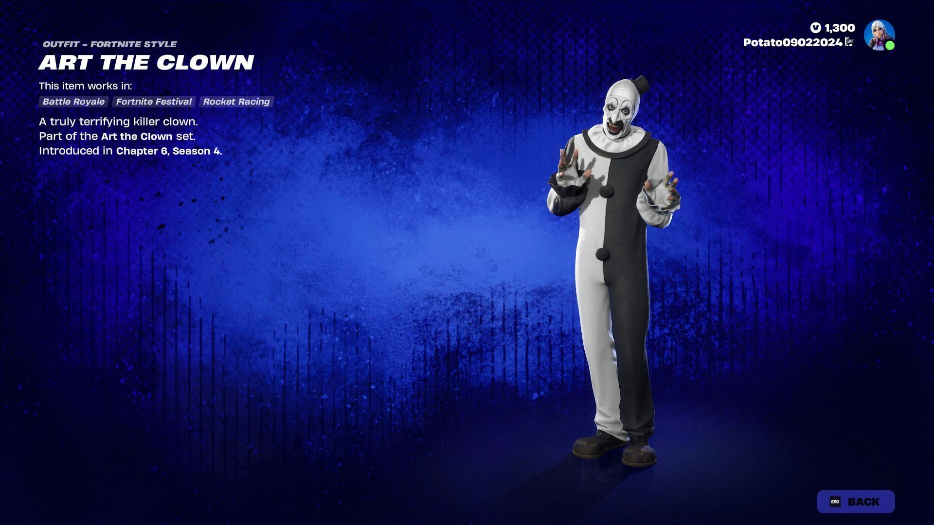 Art The Clown skin is now in Fortnite (Image via Epic Games)