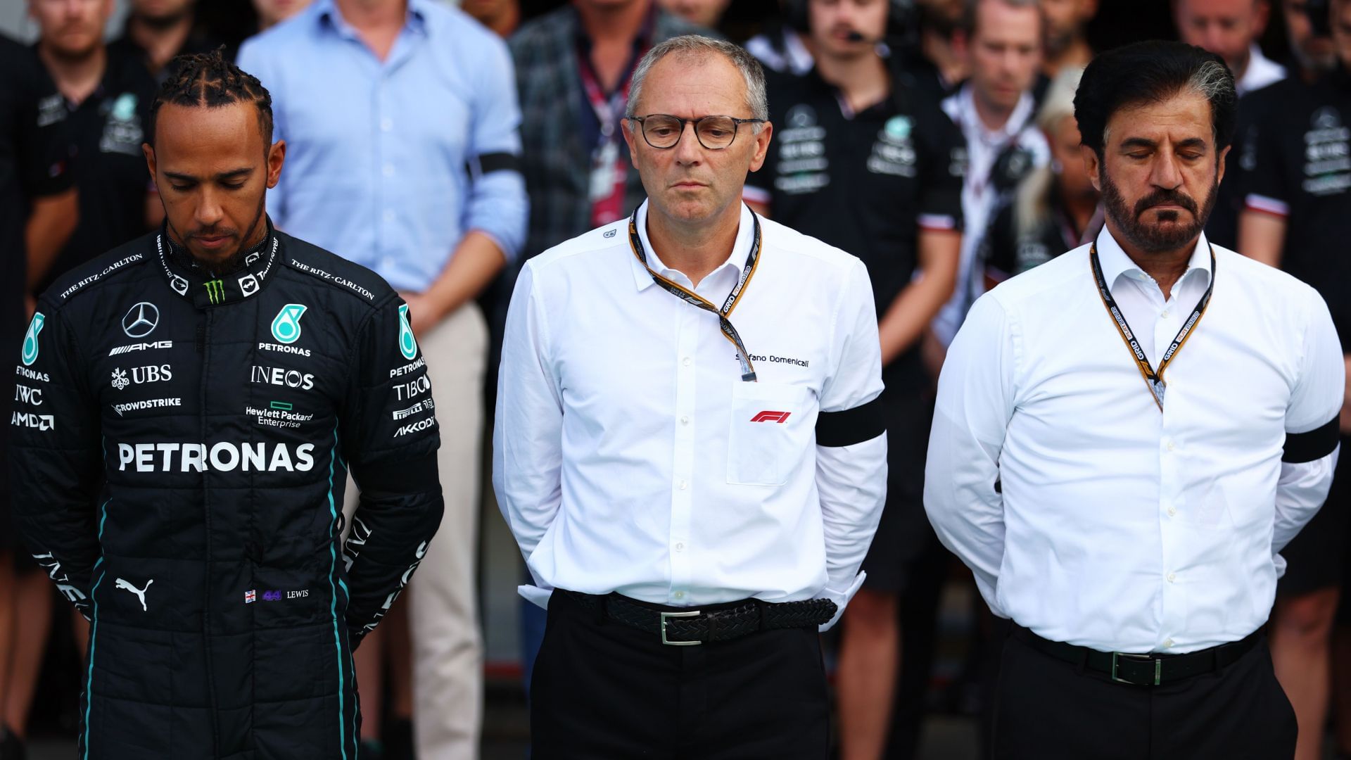 Lewis Hamilton with F1 CEO Domenicali and FIA president Mohammed Ben Sulayem at the F1 Grand Prix of Italy - Source: Getty