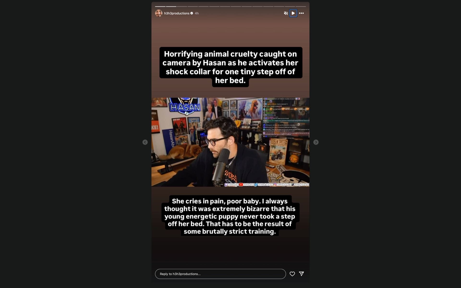 Ethan Klein's Instagram Story, in which he accused HasanAbi of "animal cruelty" (Image via instagram.com/stories/h3h3productions)