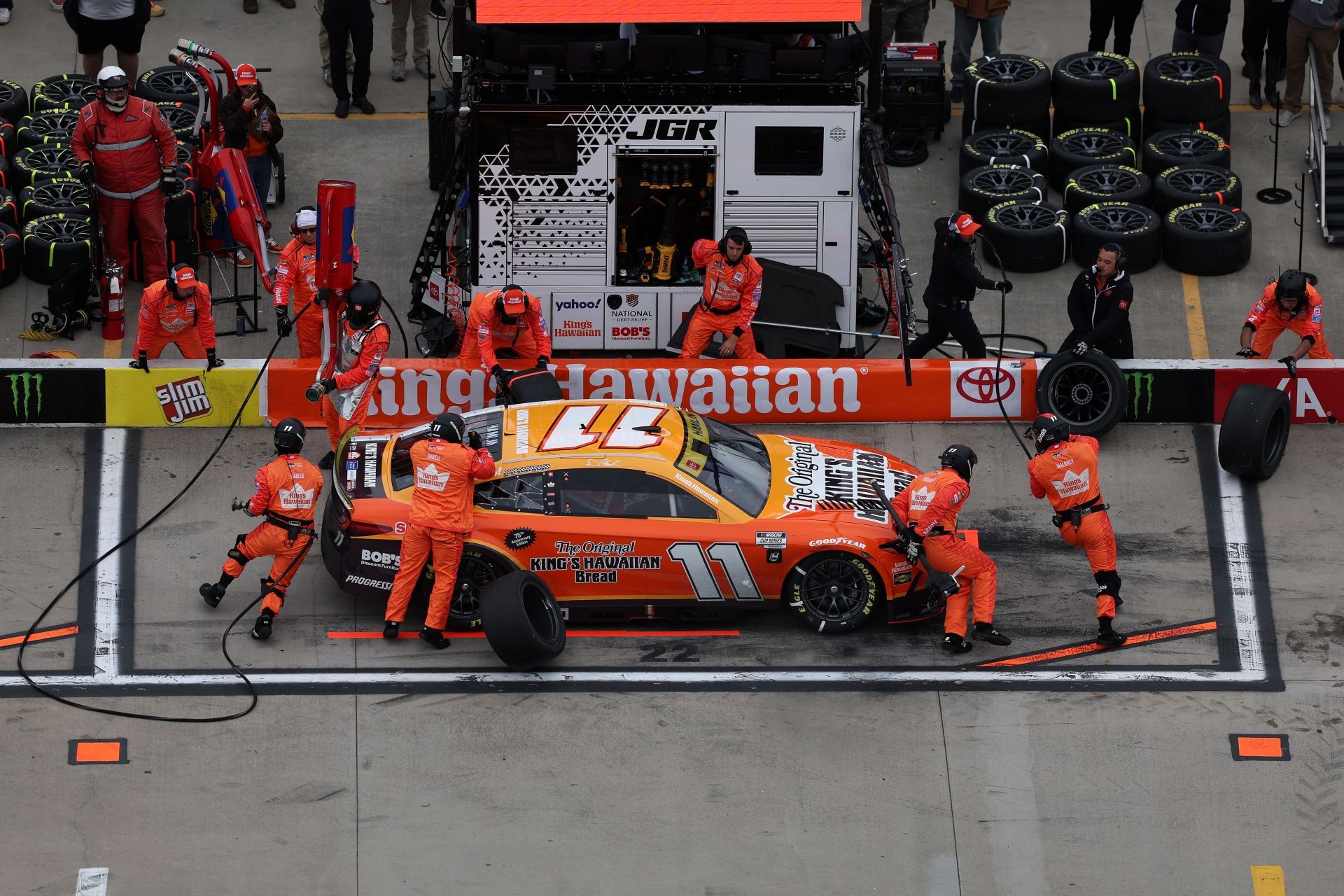 Denny Hamlin, driver of the #11 King&#039;s Hawaiian Toyota of Joe Gibbs Racing, pits during the NASCAR Cup Series Xfinity 500 at Martinsville Speedway on October 26, 2025 in Martinsville, Virginia - Source: Getty