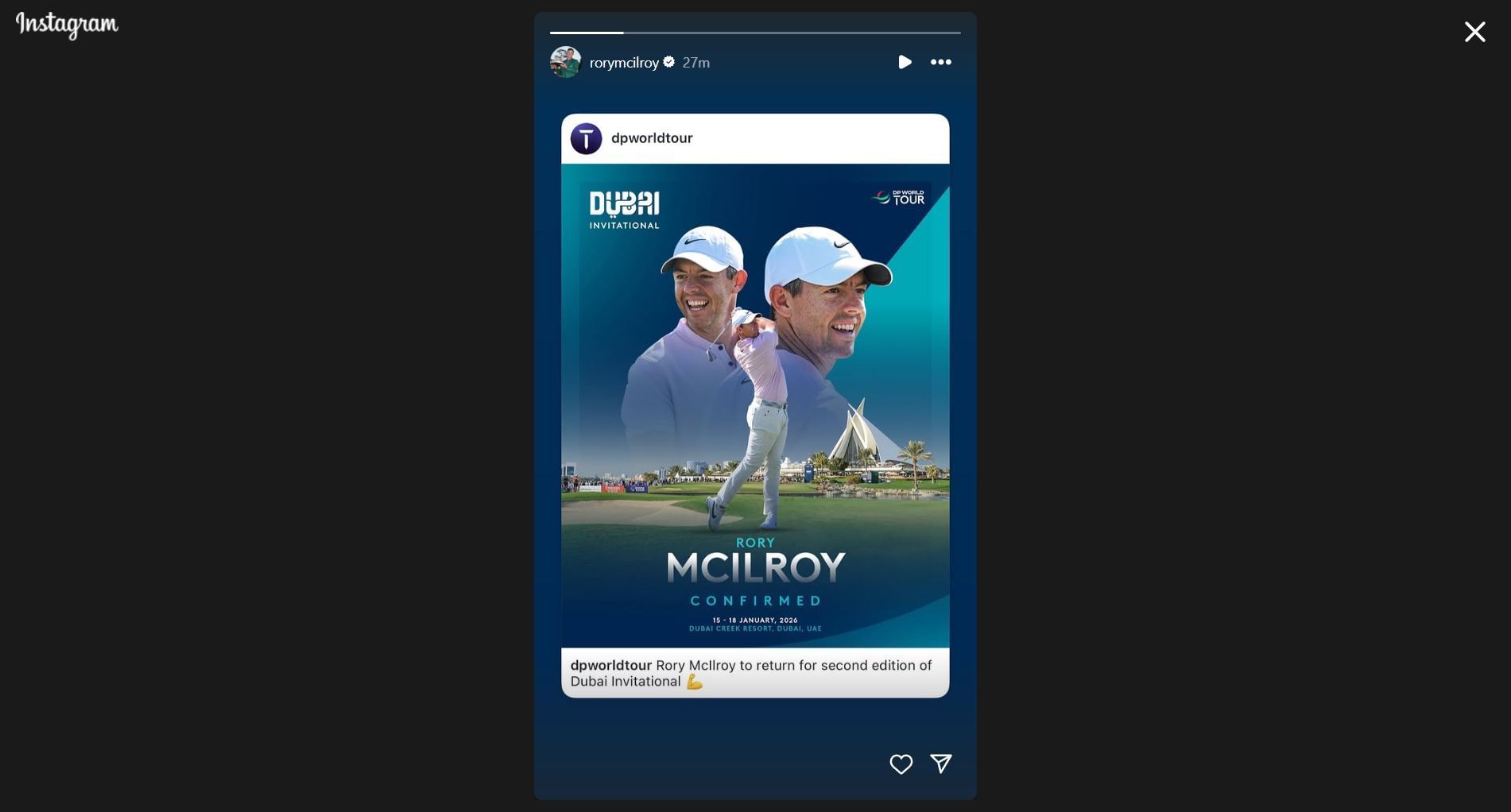 Still taken from McIlroy&#039;s Instagram story (Image Credit: Instagram @rorymcilroy)