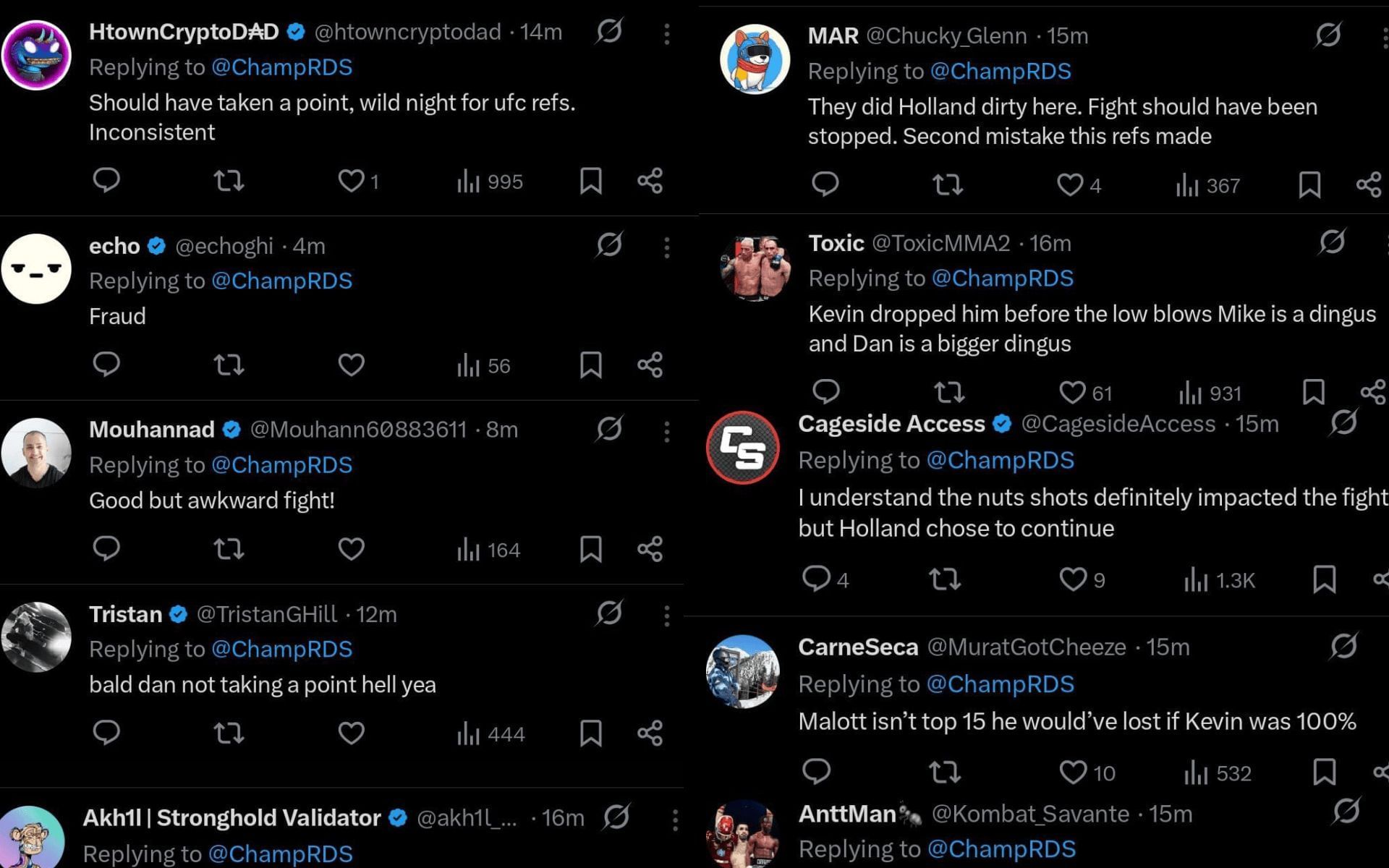 Fans react to Kevin Holland vs. Mike Malott fight. [Screenshots courtesy: @ChampRDS on X]