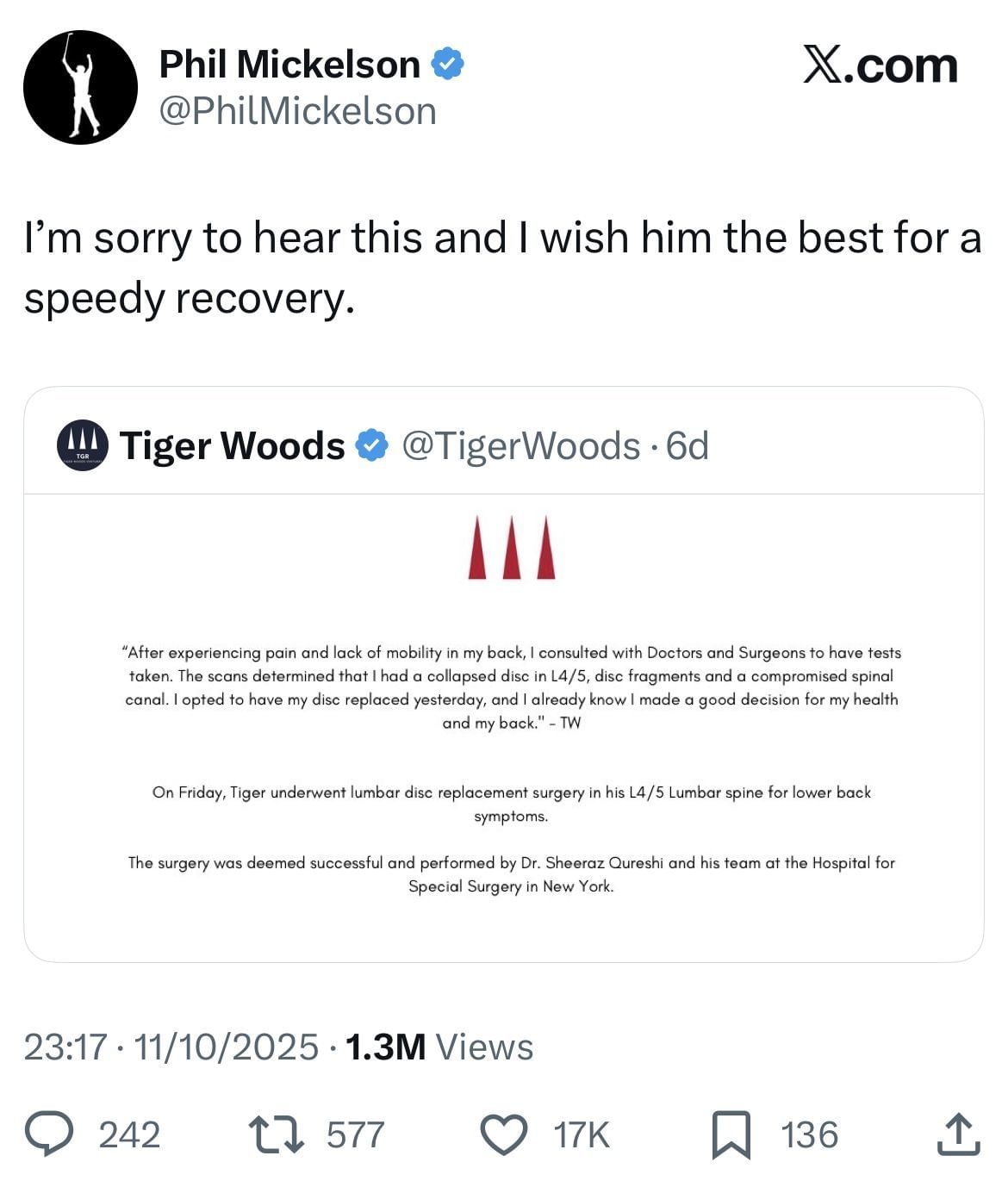 Mickelson&rsquo;s tweet on X _ Source: X/@PhilMickelson