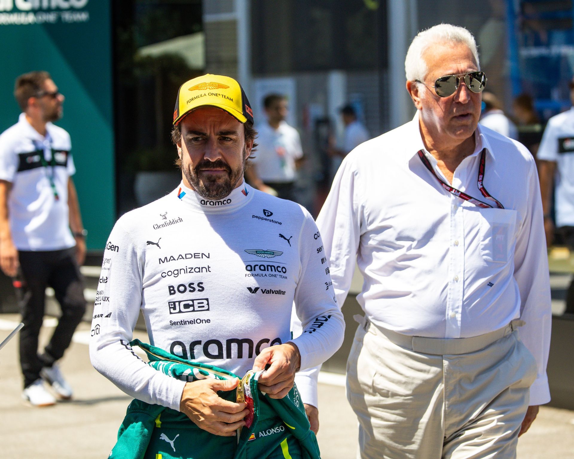 Fernando Alonso with Lawrence Stroll before the F1 Grand Prix of Spain. Source: Getty