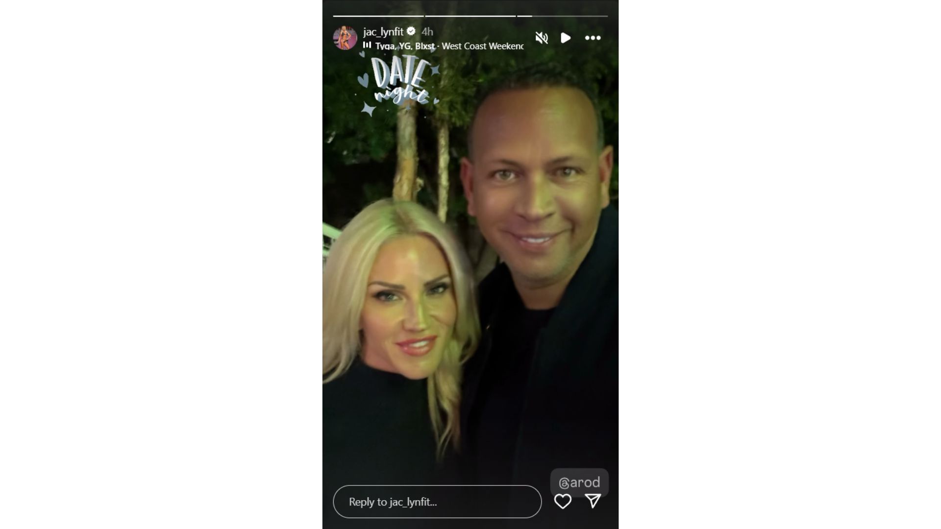 Jaclyn Cordeiro&#039;s Instagram Story featuring Alex Roriguez (Source: Instagram @jac_lynfit)