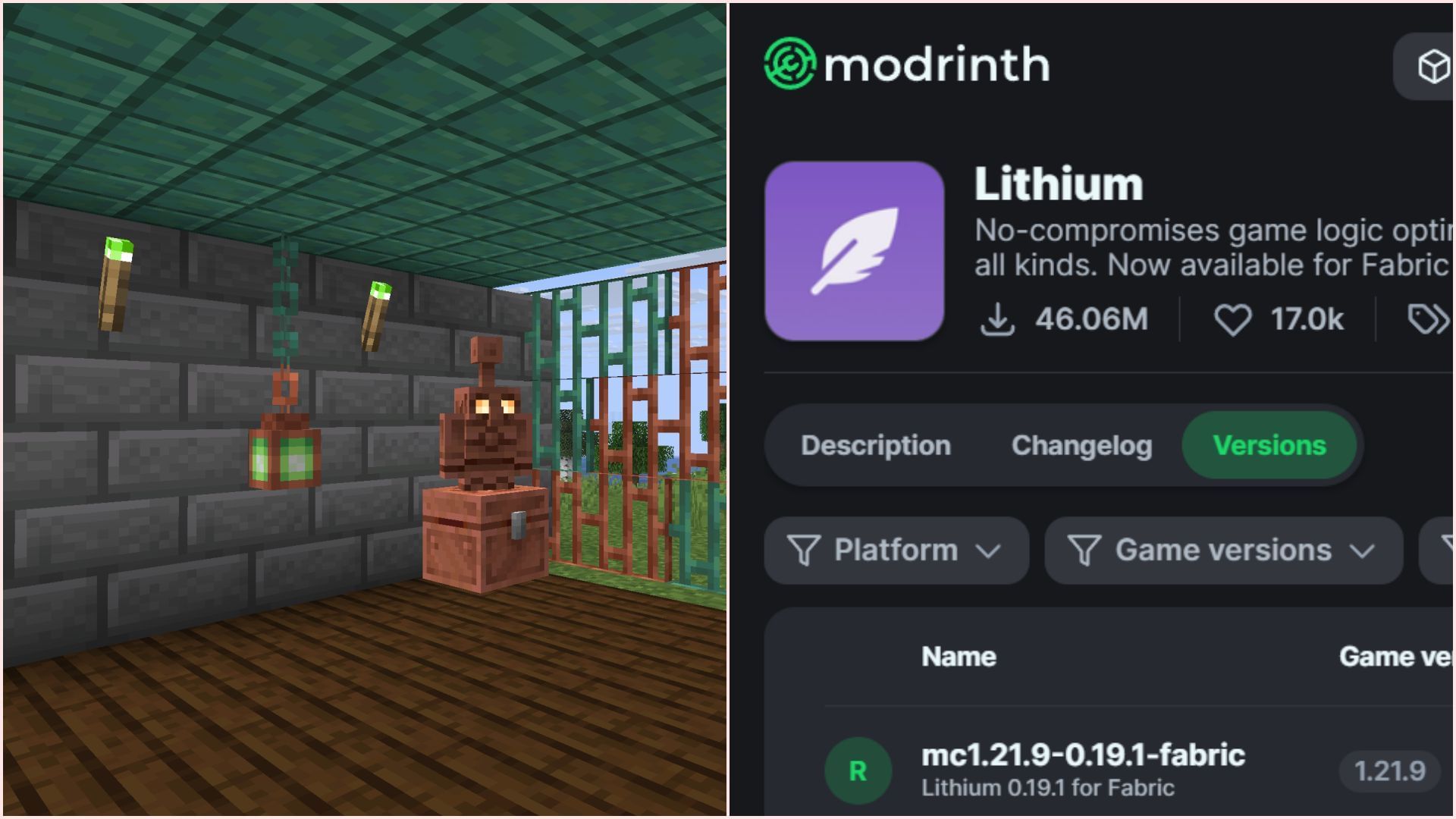 Lithium improves game physics, mob AI, block ticking, and other features (Image via Sportskeeda Gaming || Mojang Studios || Modrinth/Lithium)