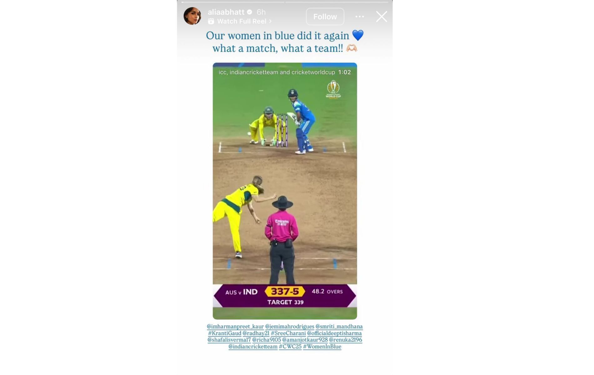 Screenshot of Alia Bhatt&#039;s Instagram story. (@aliaabhatt)