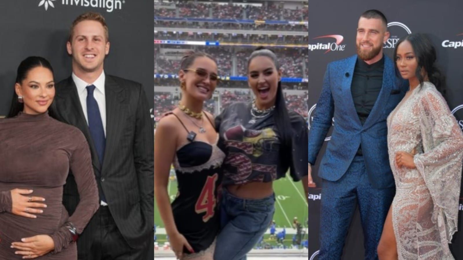 Jared and Christen Goff (L) Kristin Juszczyk and Claire Kittle (M) Travis Kelce and Kayla Nicole (R) Image credit: Imagn (L,R), Instagram/@kristinjuszczyk (M)