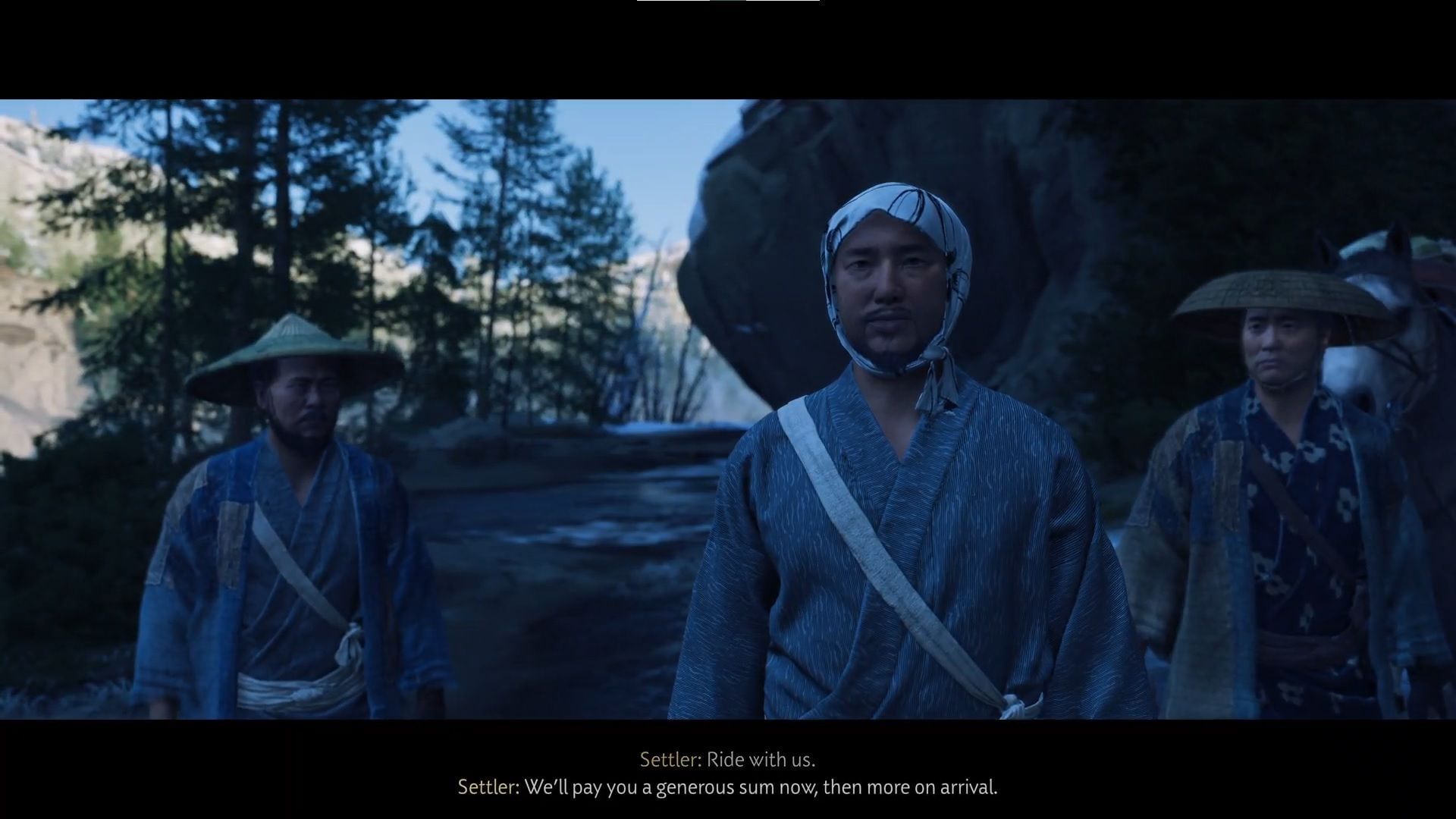 The merchants in Spirits of Teshio Ridge quest (Image via Sportskeeda Gaming || Sucker Punch) 