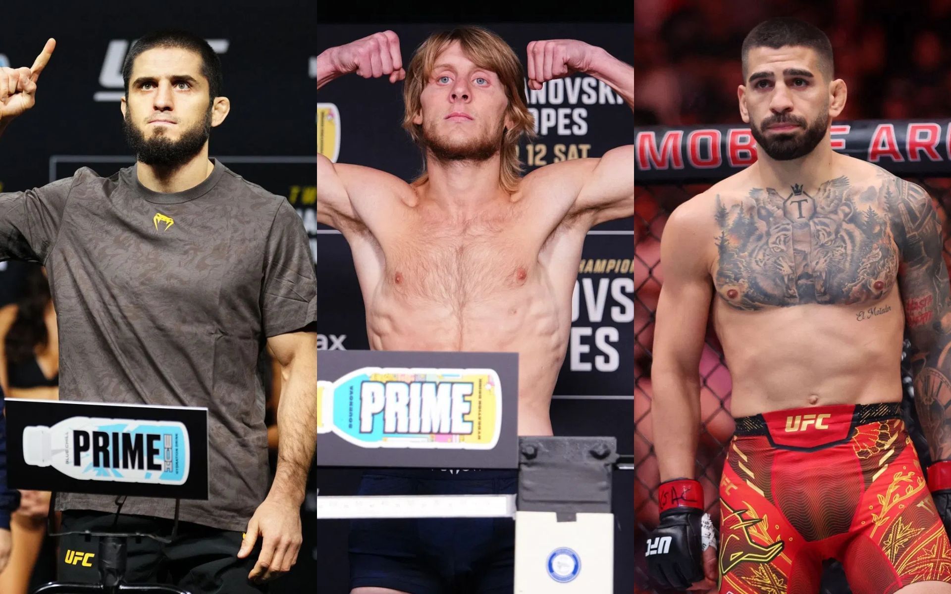 Islam Makhachev (left) reacts to the Ilia Topuria (right) vs. Paddy Pimblett (center) fight reports. [Images courtesy: Getty]