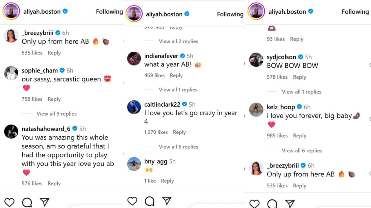 Caitlin Clark and Indiana Fever teammates react to Aliyah Boston&#039;s Instagram post on Thursday. [photo: @aliyah.boston/IG]